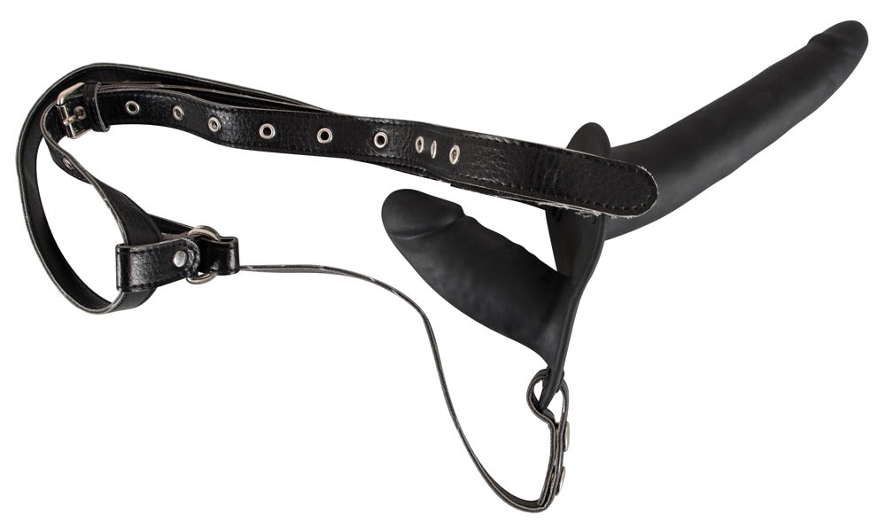 You2Toys Double Strap On Black Silicone · strap-on tanga se dvěma dildy