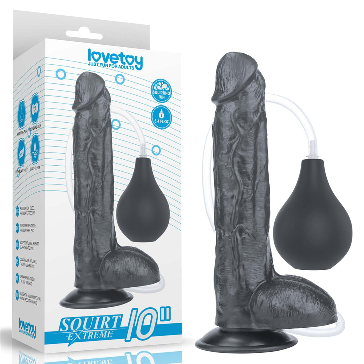 Lovetoy 10'' Squirt Extreme Dildo · černé realistické dildo se stříkací funkcí