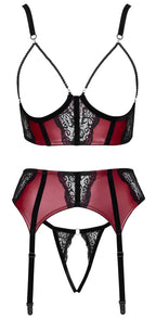 Cottelli Lingerie podvazkový set · podprsenka, podvazkový pás a tanga, červenočerná, vel. S