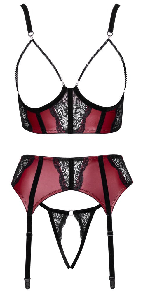 Cottelli Lingerie podvazkový set · podprsenka, podvazkový pás a tanga, červenočerná, vel. S