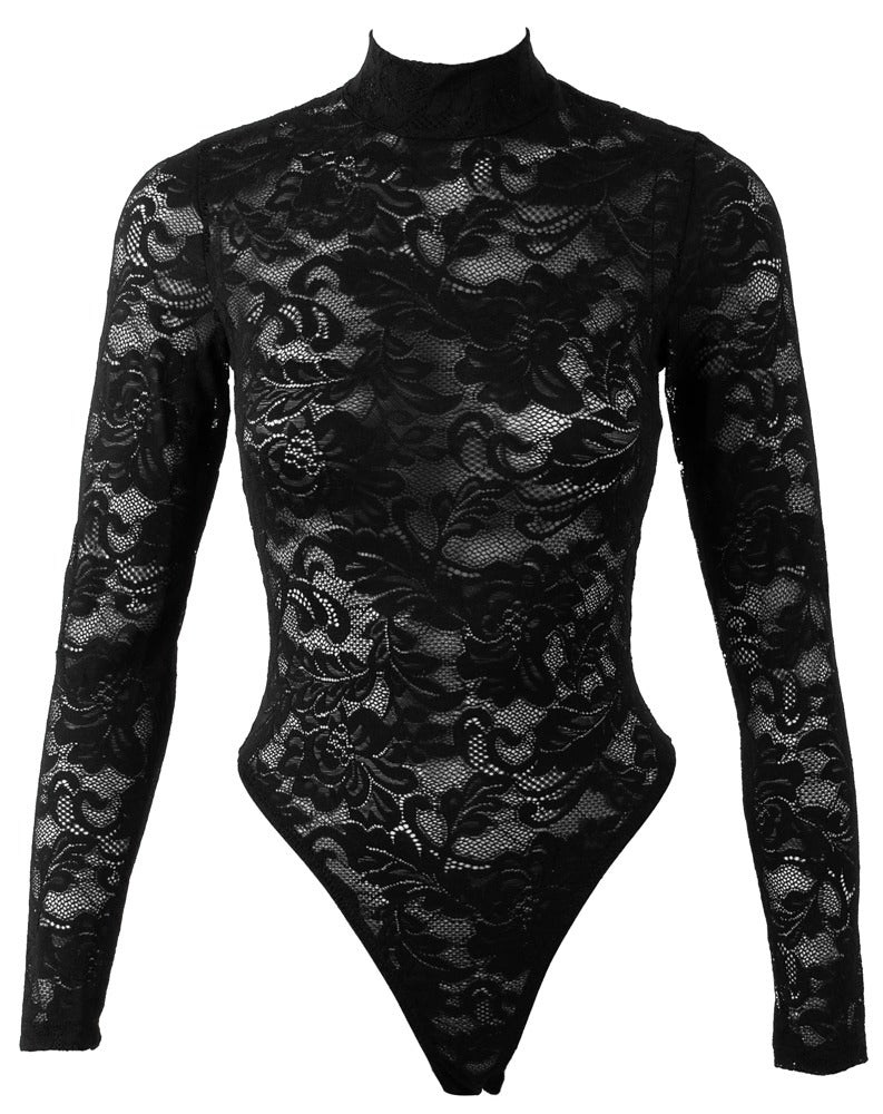 Cottelli Lingerie Lace Body · krajkové body s dlouhým rukávem, černá, vel. 2XL