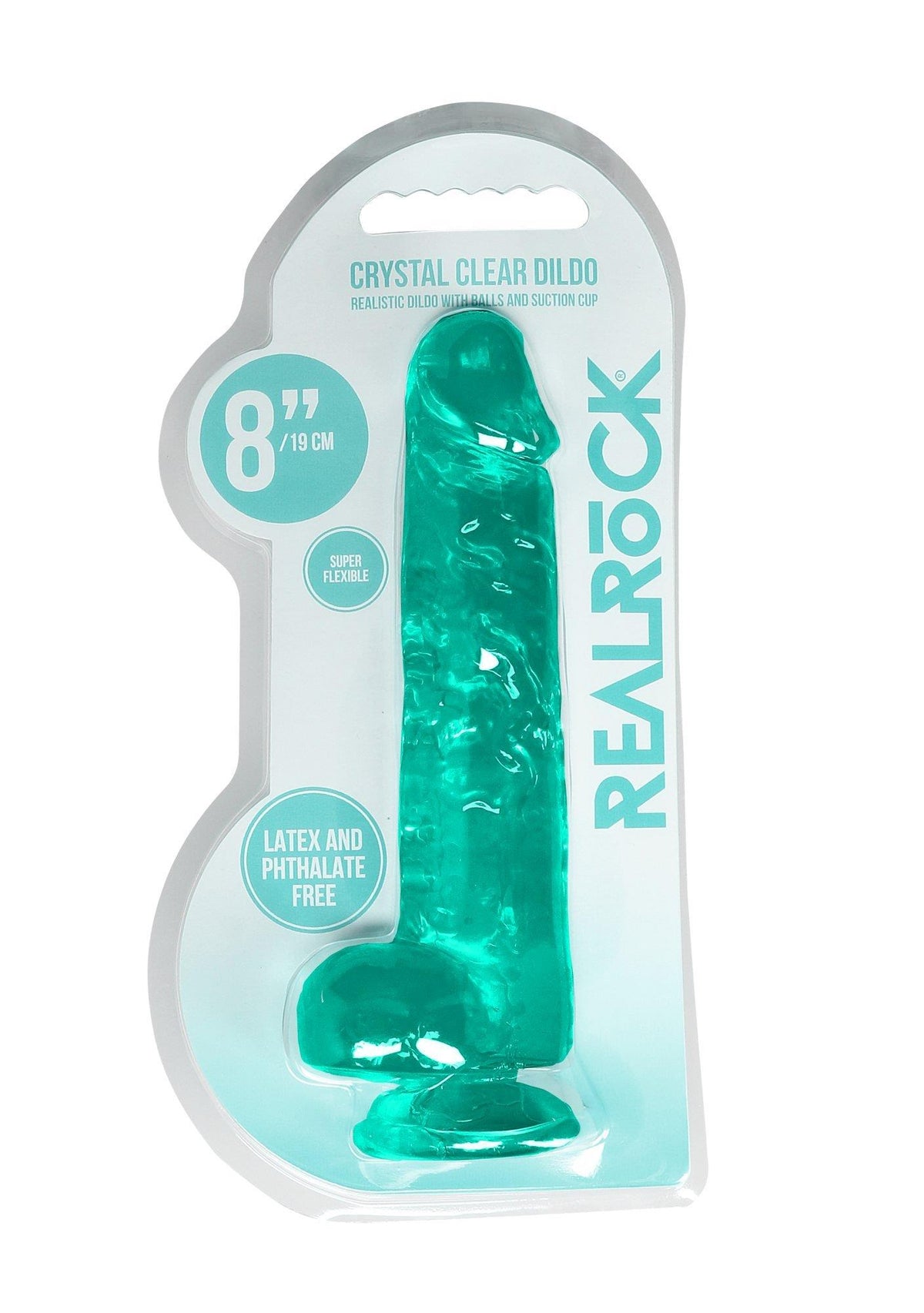 RealRock Realistic Dildo with Balls 21 cm · realistické dildo s varlaty a přísavkou · tyrkysová