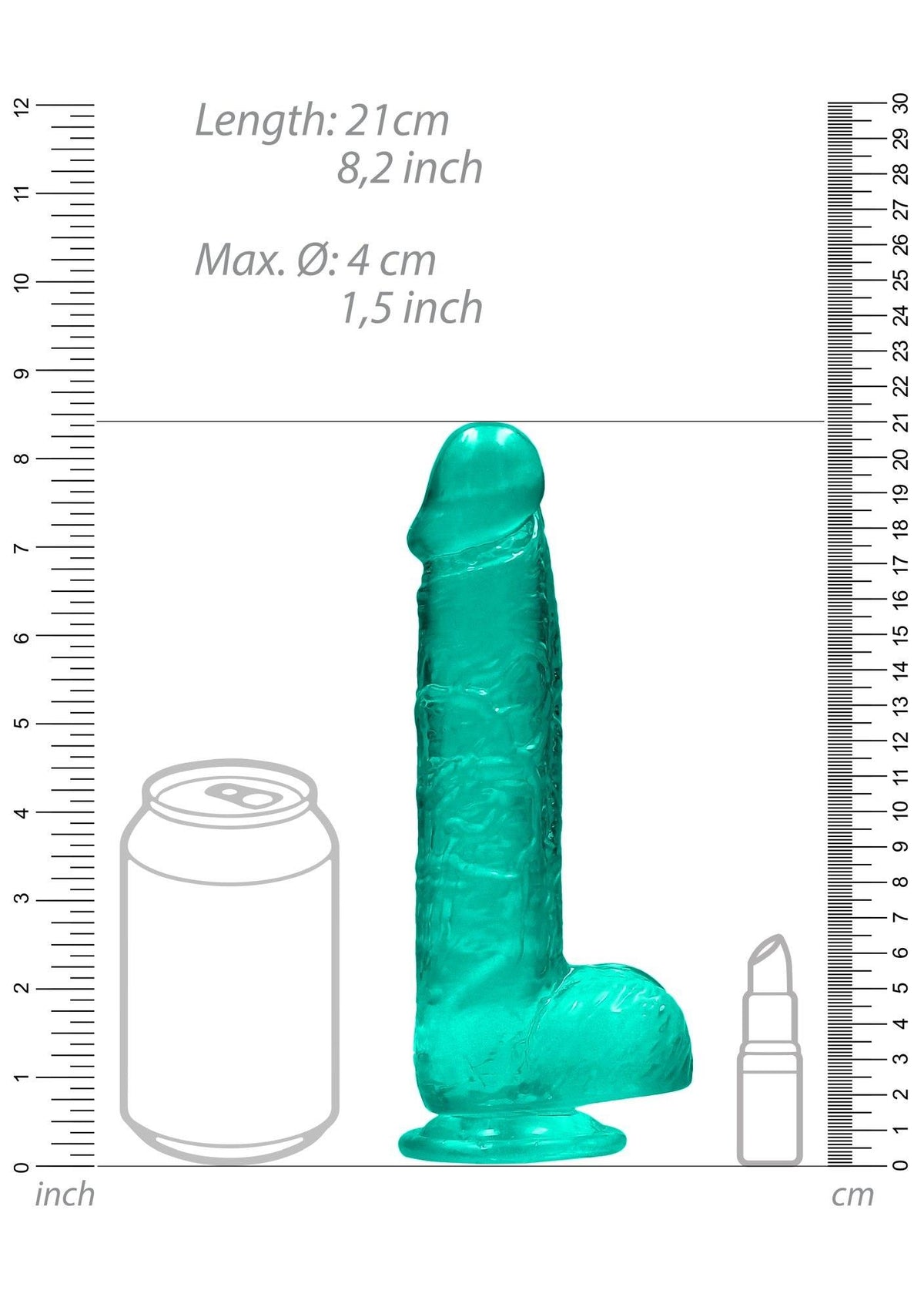 RealRock Realistic Dildo with Balls 21 cm · realistické dildo s varlaty a přísavkou · tyrkysová