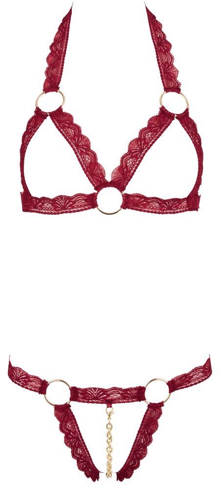Cottelli Lingerie Bra Set open red · otevřené košíčky a tanga s řetízkem · vel. S/M