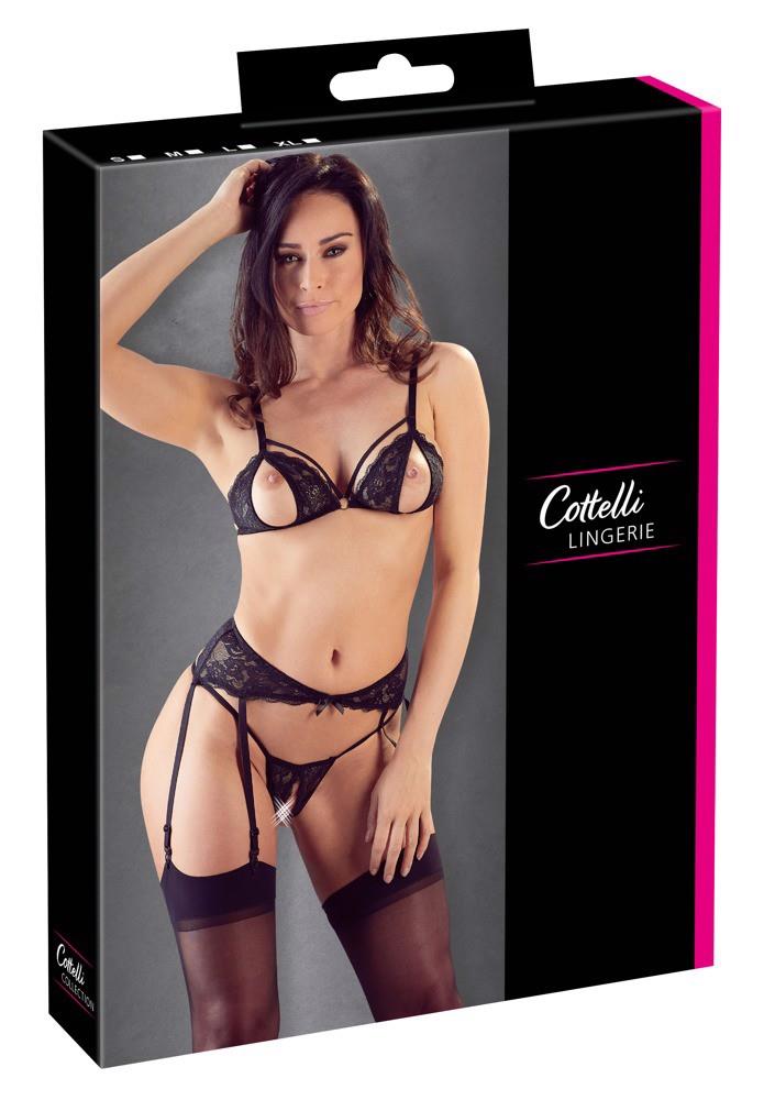 Cottelli Lingerie Lace Suspender Set · třídílný krajkový set s podvazkovým pásem