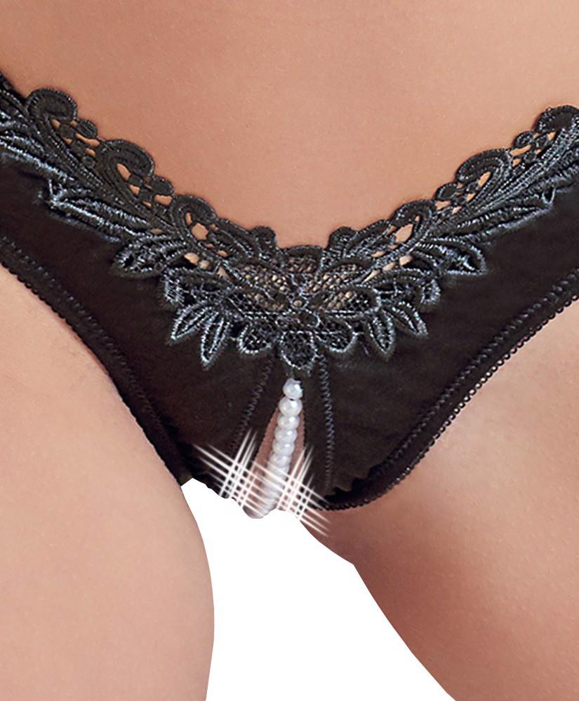 Cottelli Lingerie G-String Pearls L · saténová tanga s perlami a otevřeným rozkrokem