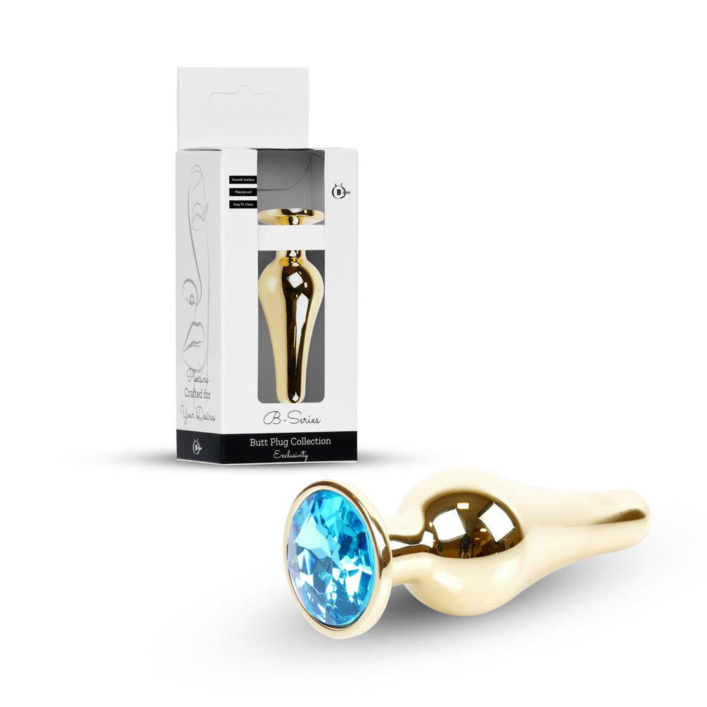 B Series HeavyFun Plug-Jewellery Gold Butt Plug · anální kolík z oceli, světle modrý kámen