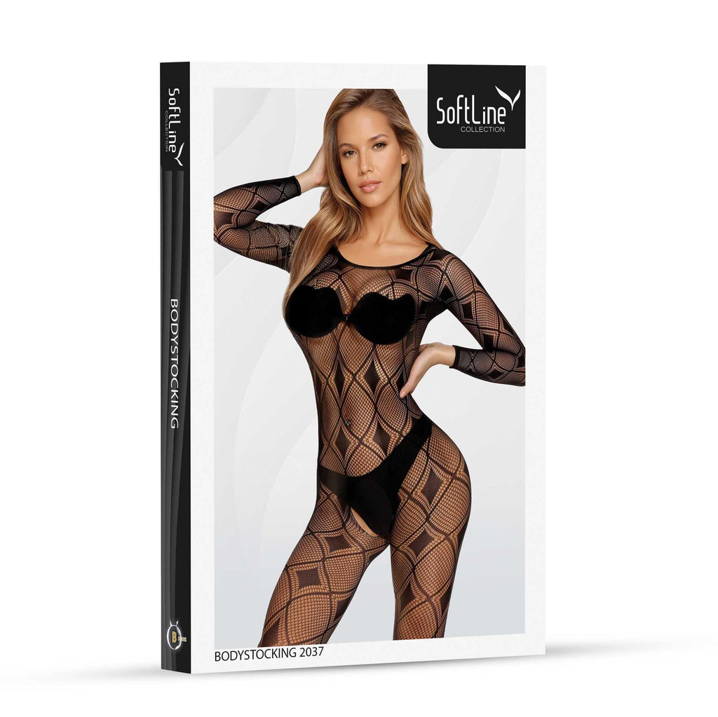 SoftLine Bodystocking 2037 · síťovaný overal s dlouhým rukávem, černá