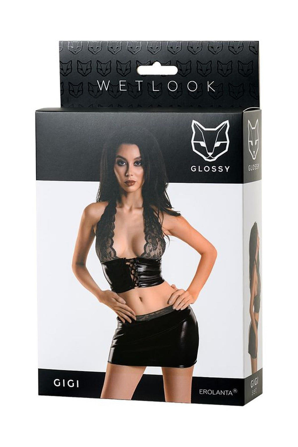Glossy Wetlook Set Gigi · top a minisukně z wetlooku a krajky, vel. L