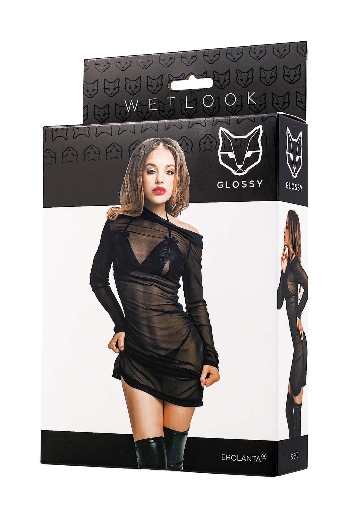 Glossy Sheril, set (dress, bra +panties), wetlook, black, XL