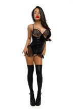 Glossy Sabrina · body wetlook s volánky, černá, vel. S