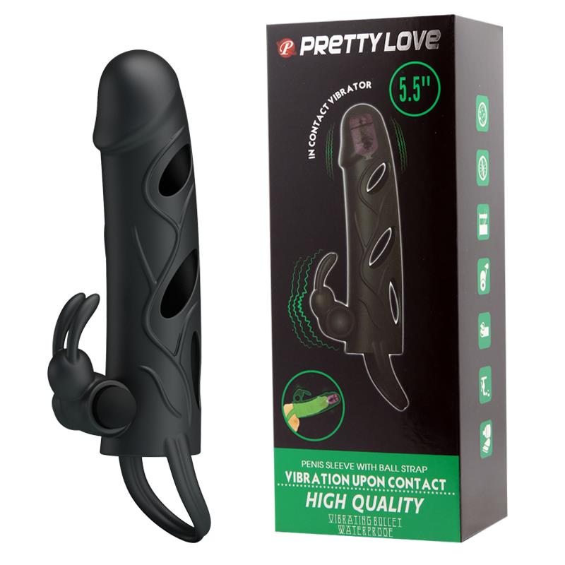 Pretty Love · vibrační návlek na penis s páskem přes varlata · černá
