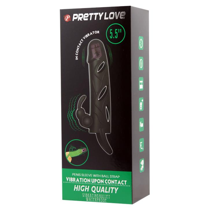 Pretty Love · vibrační návlek na penis s páskem přes varlata · černá