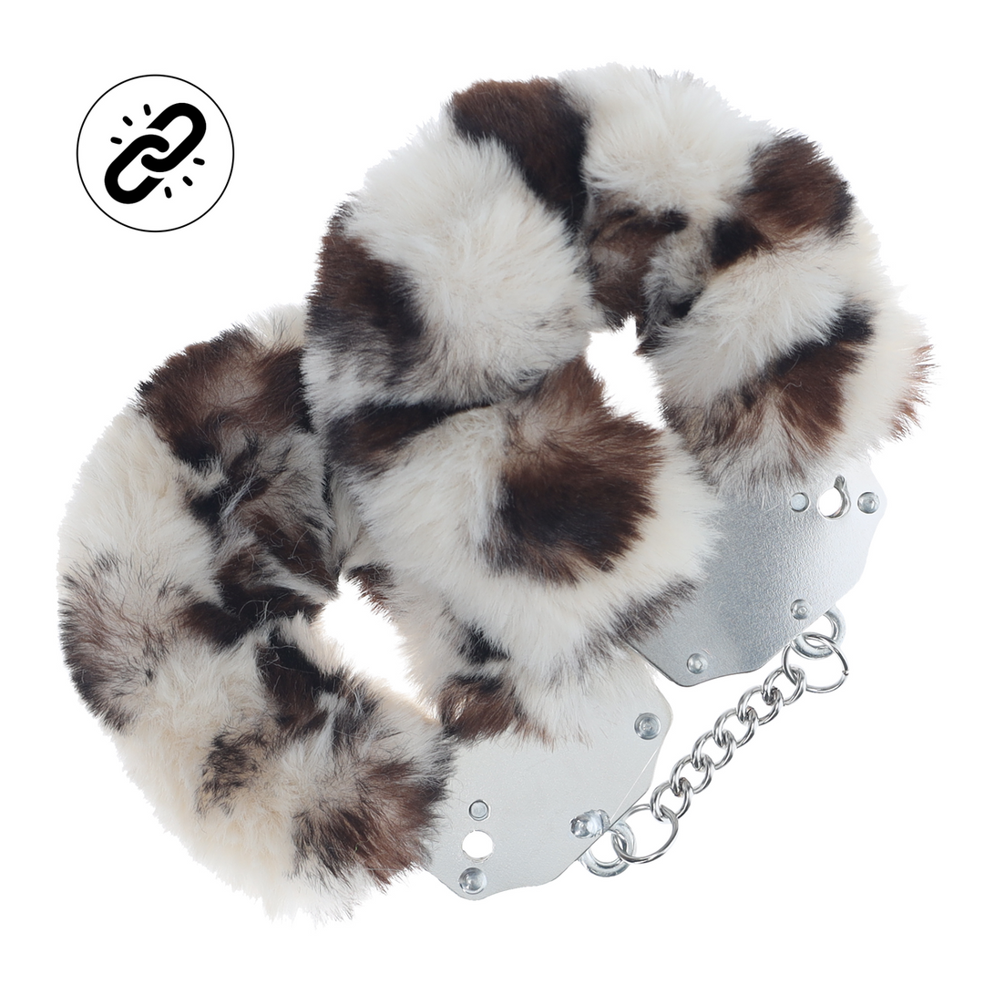 Ouch! Heavy-duty Fluffy Handcuffs · masivní plyšová pouta · sněžný leopard