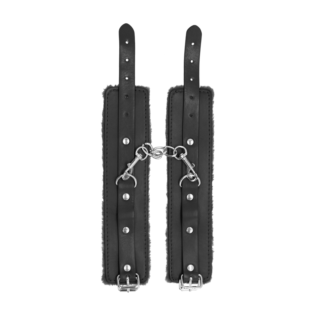 Ouch! Plush Leather Handcuffs · pouta na zápěstí s plyšovou výstelkou · černá