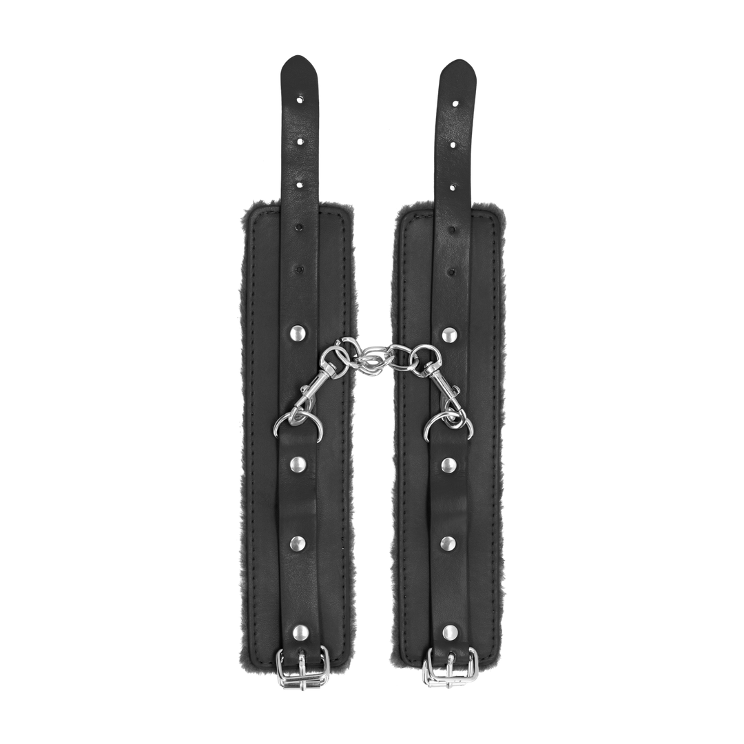 Ouch! Plush Leather Handcuffs · pouta na zápěstí s plyšovou výstelkou · černá