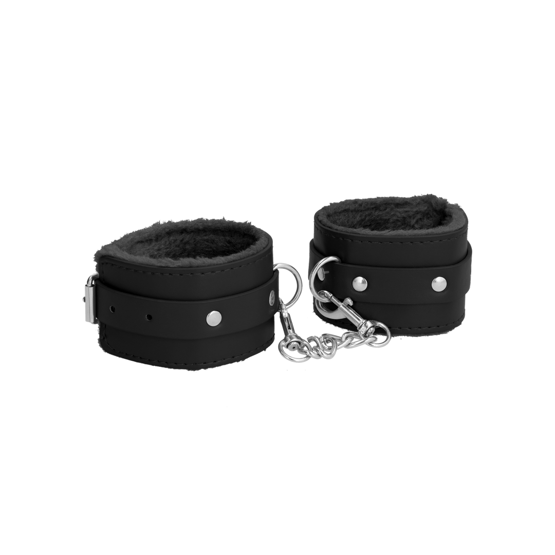 Ouch! Plush Leather Handcuffs · pouta na zápěstí s plyšovou výstelkou · černá