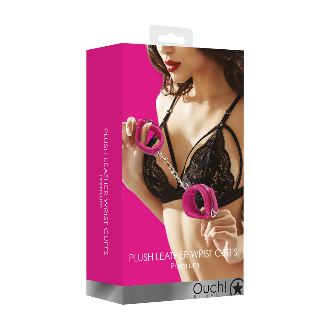 Ouch! Plush Leather Handcuffs · pouta na zápěstí s plyšovou výstelkou · růžová