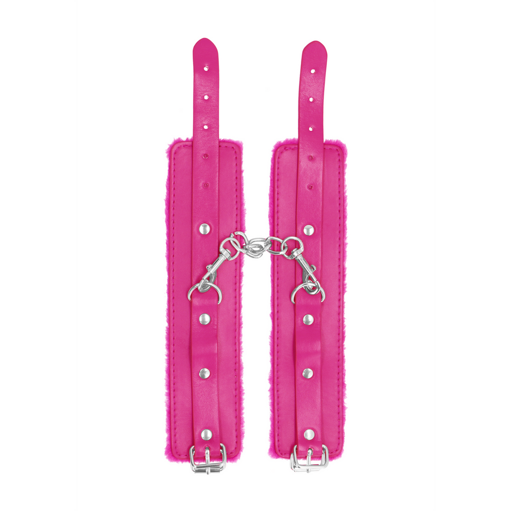 Ouch! Plush Leather Handcuffs · pouta na zápěstí s plyšovou výstelkou · růžová