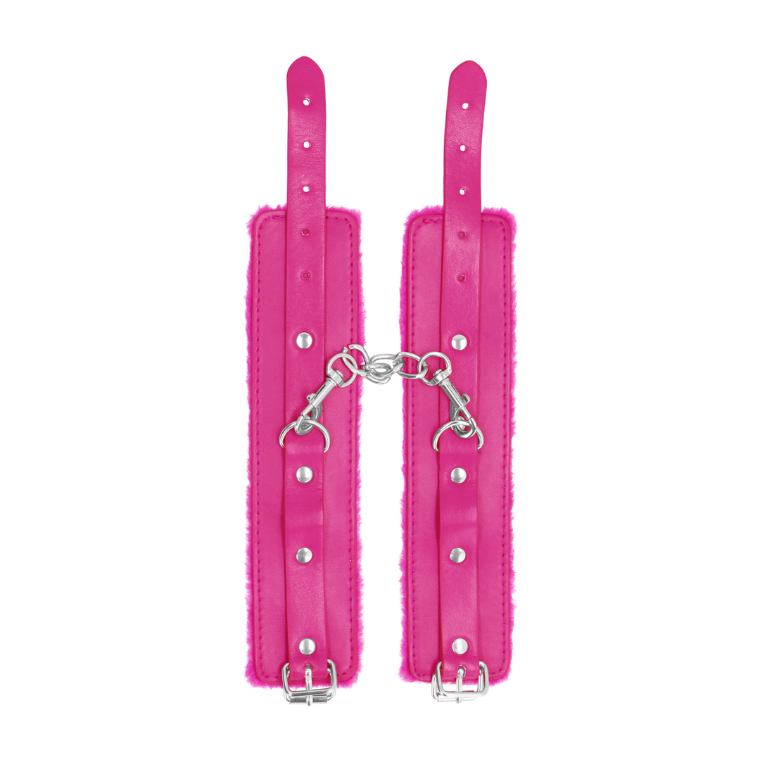 Ouch! Plush Leather Handcuffs · pouta na zápěstí s plyšovou výstelkou · růžová