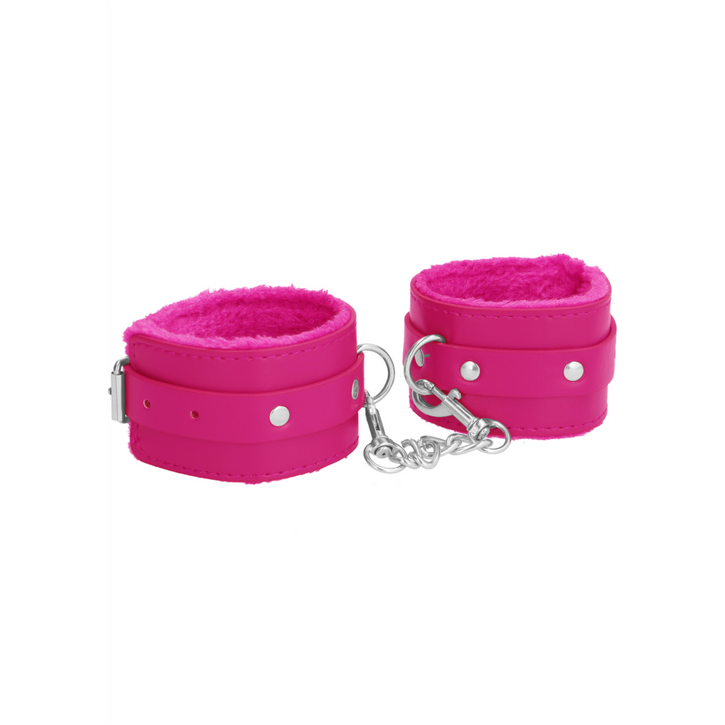 Ouch! Plush Leather Handcuffs · pouta na zápěstí s plyšovou výstelkou · růžová