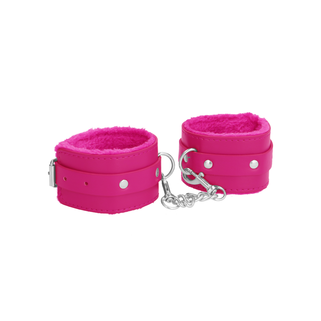 Ouch! Plush Leather Handcuffs · pouta na zápěstí s plyšovou výstelkou · růžová
